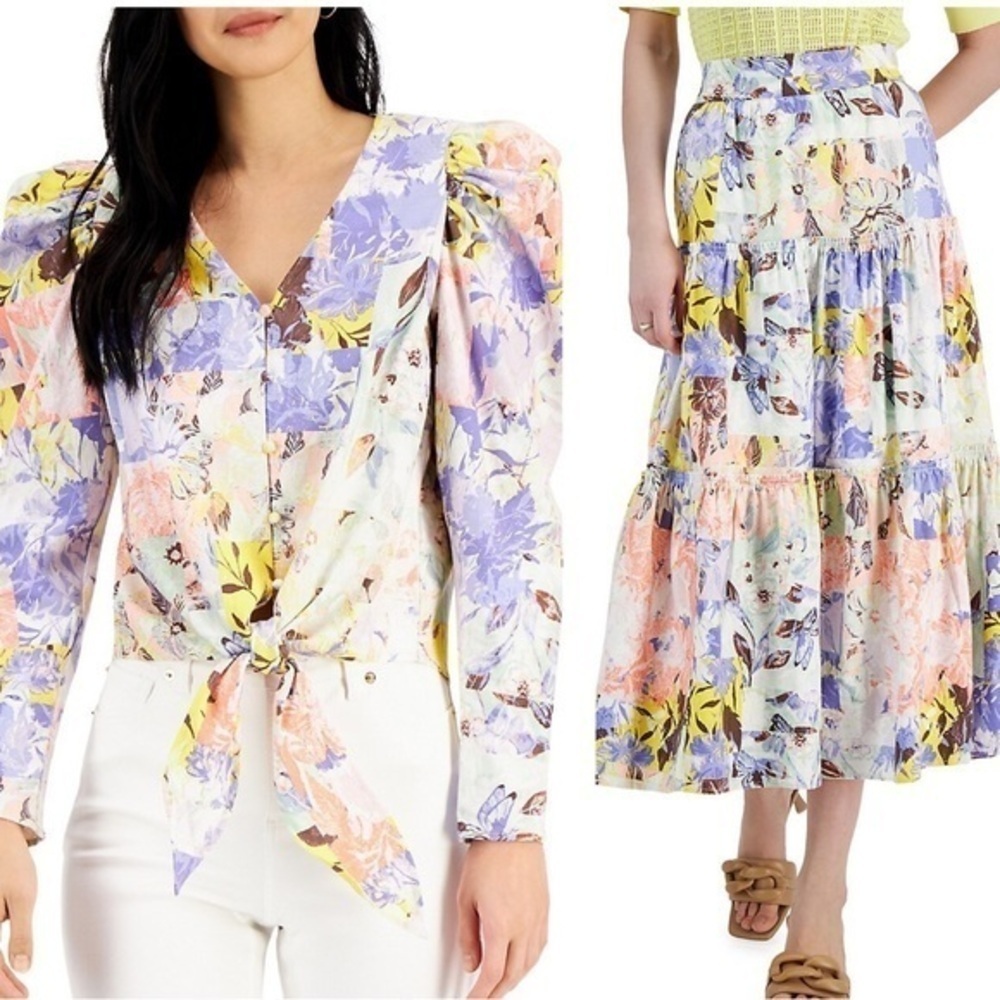 INC Linen Blend White Purple Floral Puff Sleeve Crop Top & Midi Skirt Set